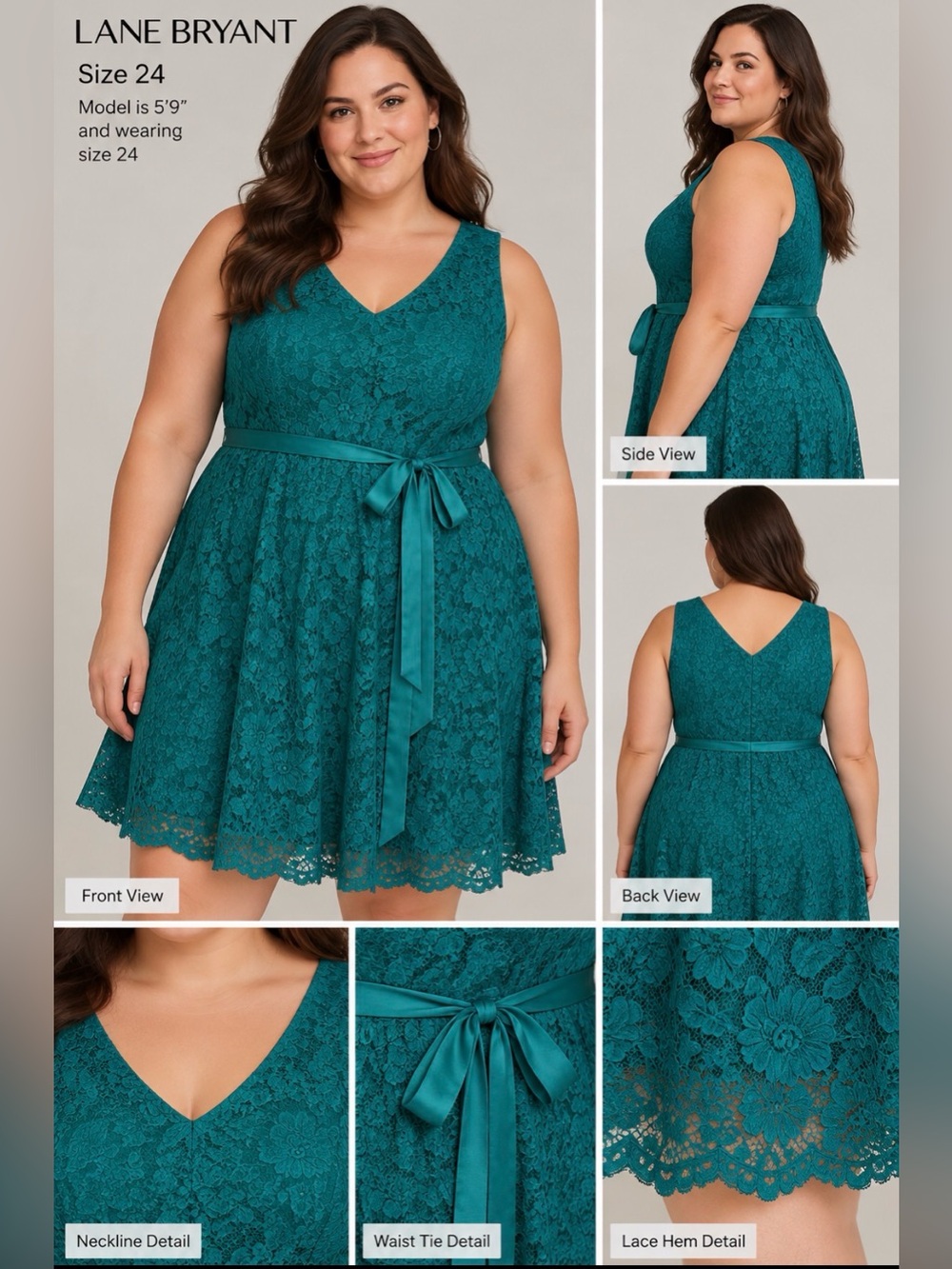 Lane Bryant Teal Lace A-Line Dress with Satin Waist Tie